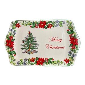 2016 SPODE Christmas Tree Merry Christmas Poinsettia Trim Dessert Tray 12" x 7"
